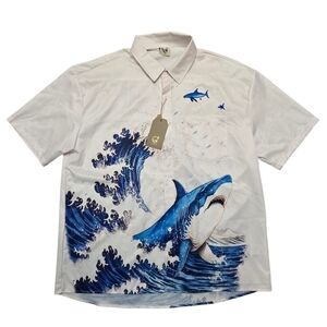 Nwt! Hardaddy Men's Japanese Wave Shark Attack Short Sleeve Hawaiian Shirt Sz M